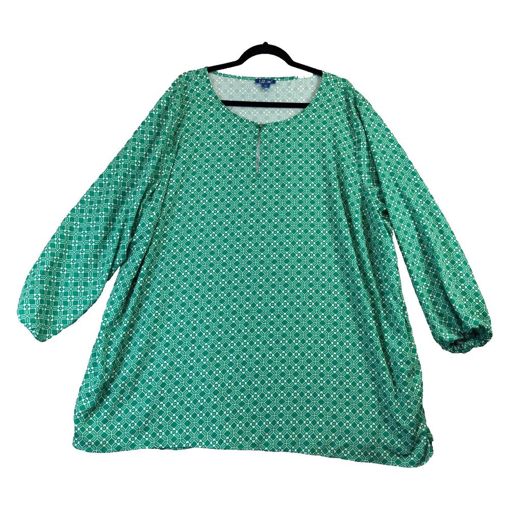 Liz&Me Shirt Womens 4X Green Geometric Keyhole Peasant Blouse Tunic Long Sleeve